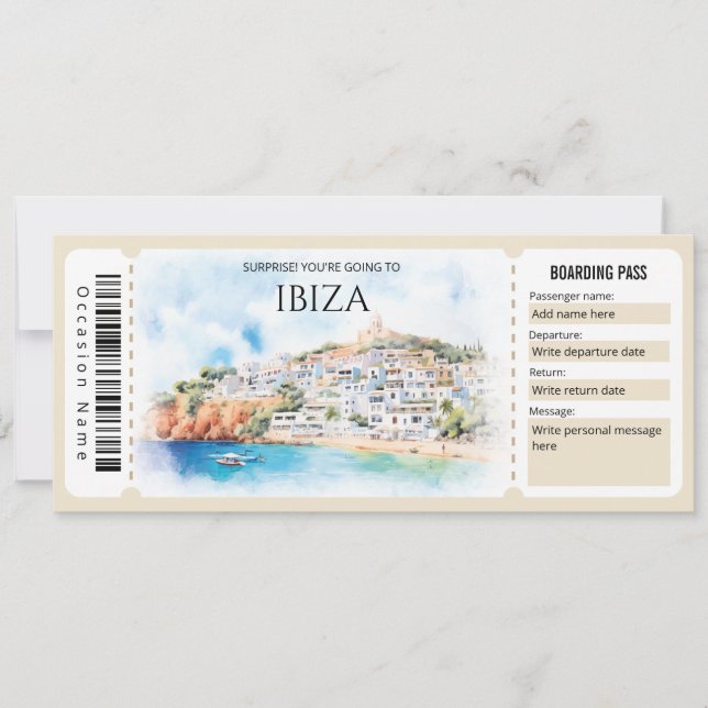 Editable Ibiza Flygplan Boarding Pass Biljett Inbjudningar (Framsida)