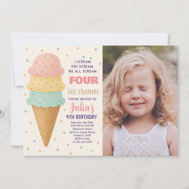 Editable Ice Cream Birthday Inbjudan med foto (Framsida)
