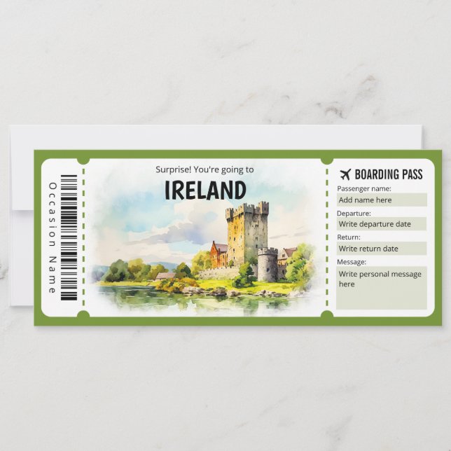 Editable Ireland Flygplan Boarding Pass Biljett Inbjudningar (Framsida)