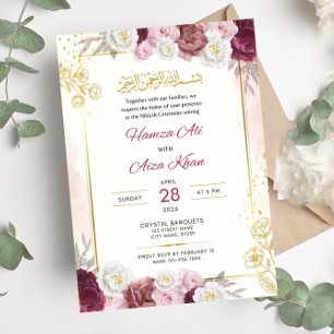 Editable Islamic Nikkah Red Blommigt Muslim Bröllo Inbjudningar
