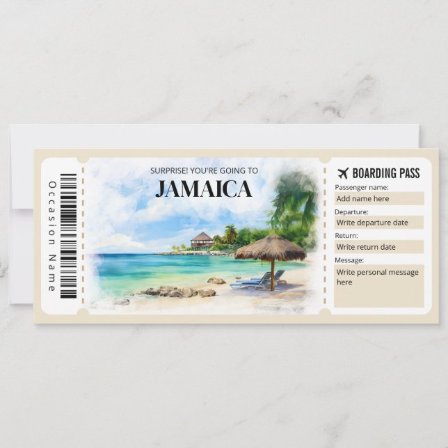 Editable Jamaica Boarding Pass Flygplan biljett Inbjudningar (Framsida)