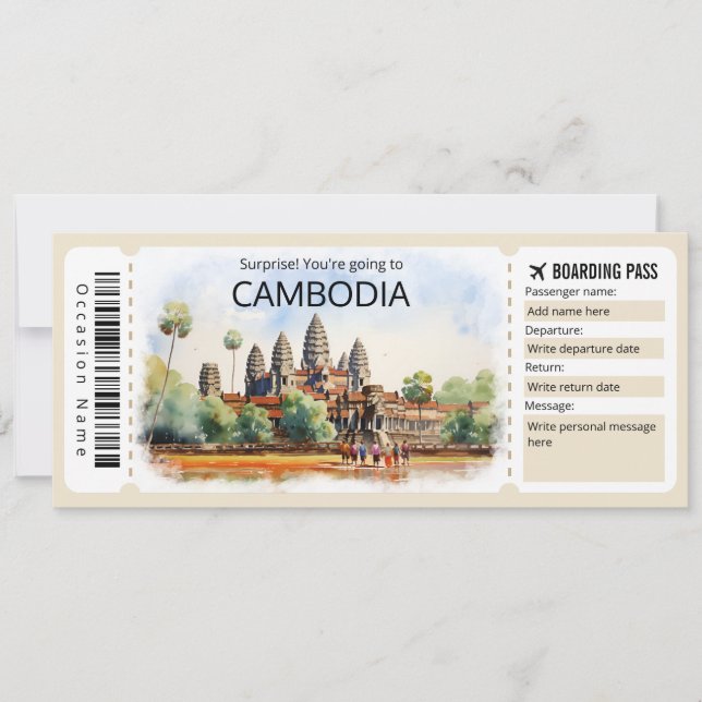 Editable Kambodja Flygplan biljett, Kambodja Resa Inbjudningar (Framsida)