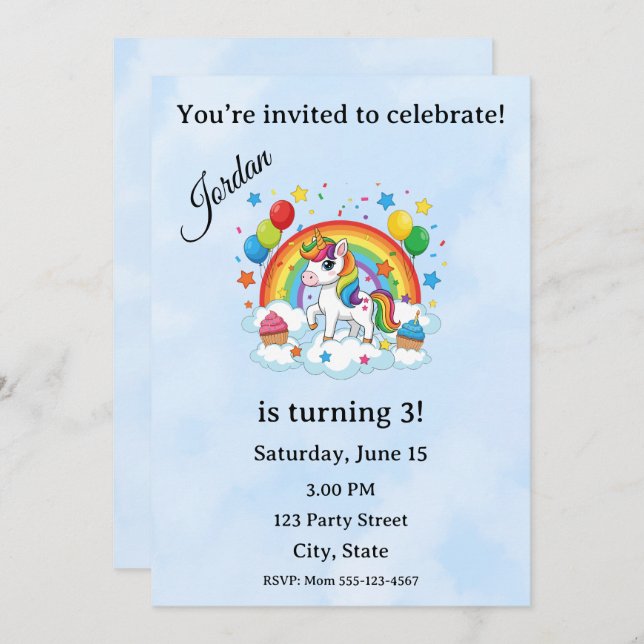 Editable Kids Birthday Invitation  Inbjudningar (Fram/baksida)