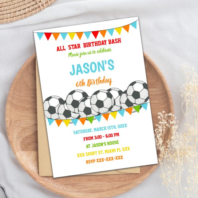 Editable Kids Sports Party Inbjudan (Rainbow Flags Soccer Birthday Invitations)
