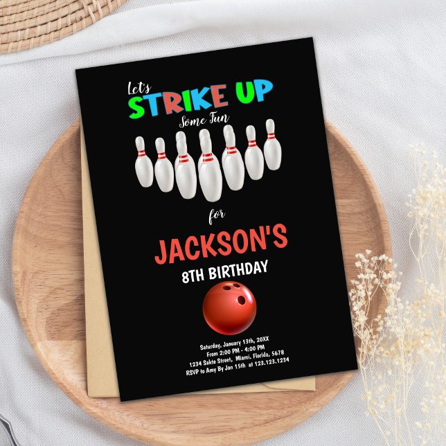 Editable Kids Strejka Party Inbjudan (Black Background Bowling Birthday Invitations)