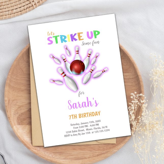 Editable Kids Strejka Party Inbjudan (White Bowling Birthday Invitations)