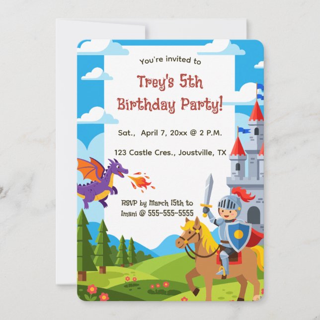 Editable Knight Castle Dragon Birthday Inbjudningar (Framsida)