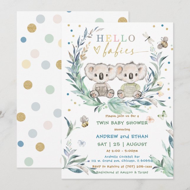 Editable Koala Twin Boy Shower Inbjudningar (Fram/baksida)