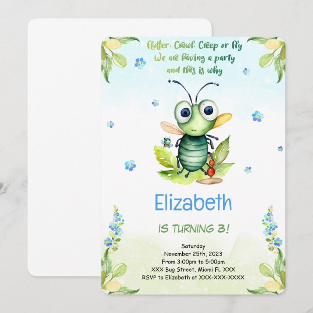 Editable Kryp Birthday Inbjudningar (Fram/baksida)