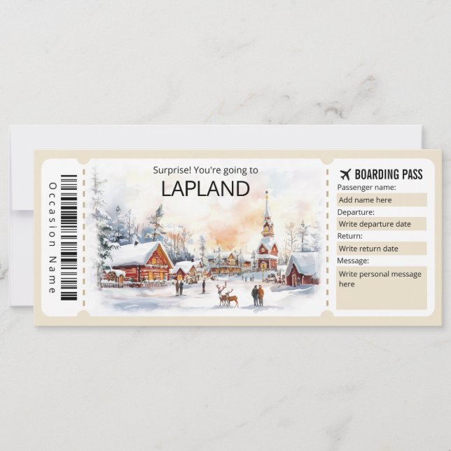 Editable Lapland Flygplan biljett, Lappland Resa Inbjudningar (Framsida)