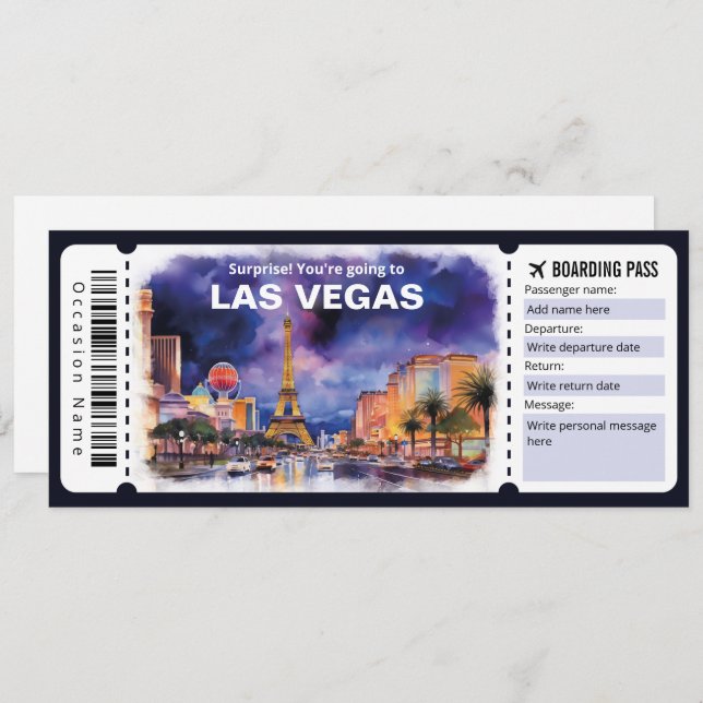 Editable Las Vegas Flygplan biljett, Las Vegas Res Inbjudningar (Fram/baksida)