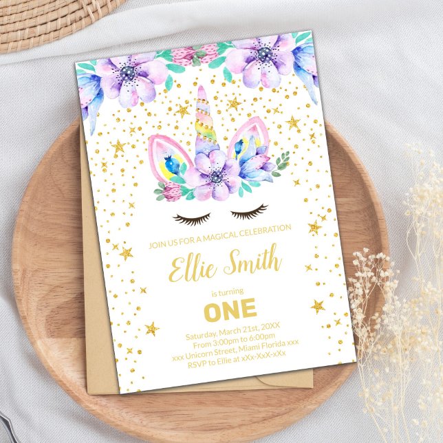 Editable Lila Blommigt Unicorn Birthday Inbjudningar (Purple Floral Unicorn Birthday Invitations)