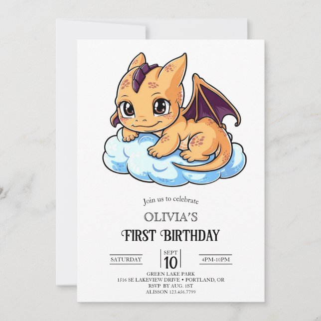 Editable Little Digital Dragon 1:a födelsedagen Inbjudningar (Framsida)