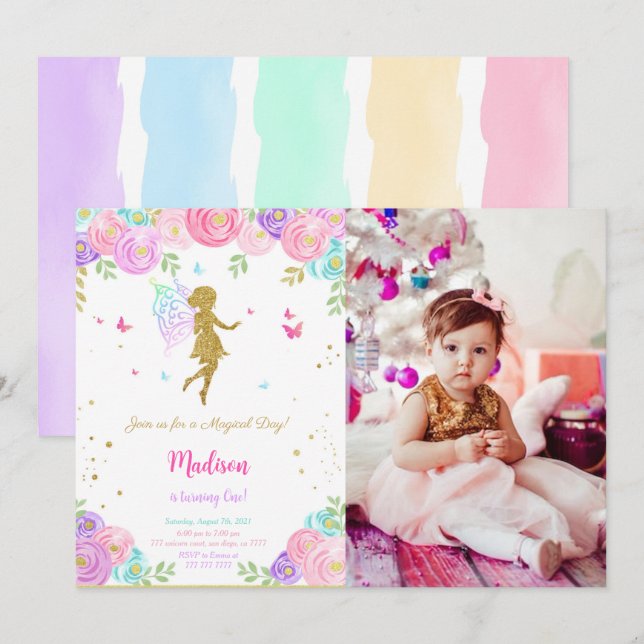 Editable Little Fairy Födelsedagsfest Photo Inbjudningar (Fram/baksida)
