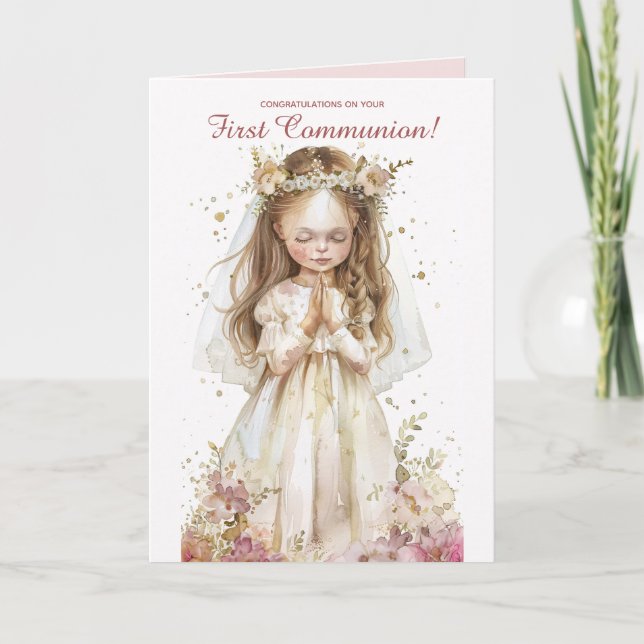 Editable Little Girl Praying First Communion Kort (Framsida)