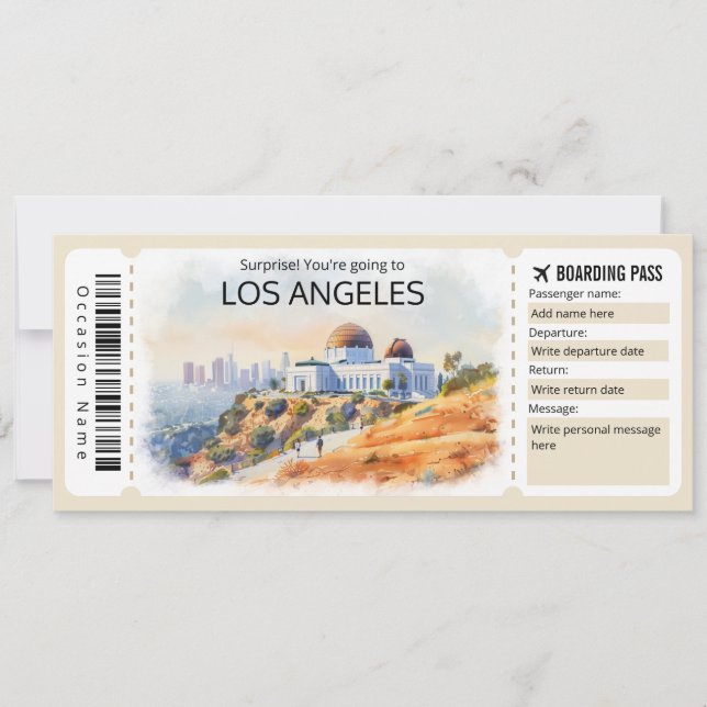 Editable Los Angeles Flygplan biljett, LA Resa Inbjudningar (Framsida)
