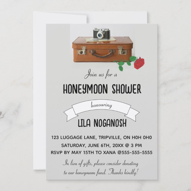 Editable Luggage Camera och Ro Honeymoon Shower Inbjudningar (Framsida)