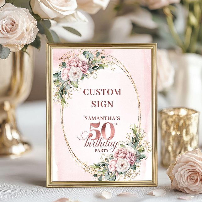 Editable Luxury Rose Gold 50th Birthday Tabletop  Poster (Editable Luxury Rose Gold 50th Birthday Tabletop Sign)