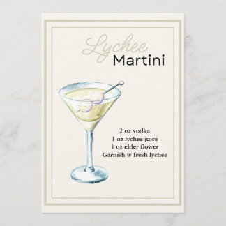 Editable Lychee Martini-receptkort Meny