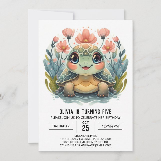 Editable Lycklig Turtle Girl Birthday Inbjudningar (Framsida)