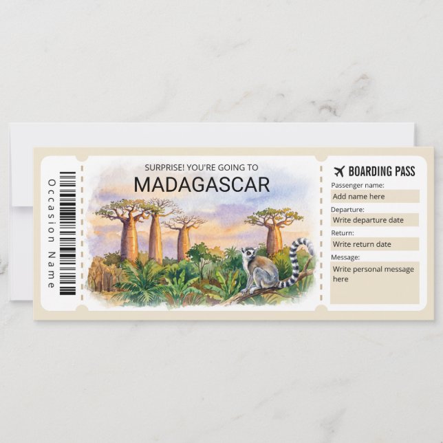 Editable Madagascar Trip Boarding Pass Ticket Inbjudningar (Framsida)