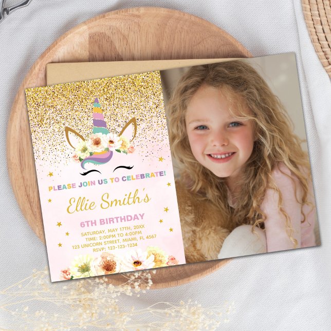 Editable Magic Inbjudan (Glitter Unicorn Birthday Invitation with photo)