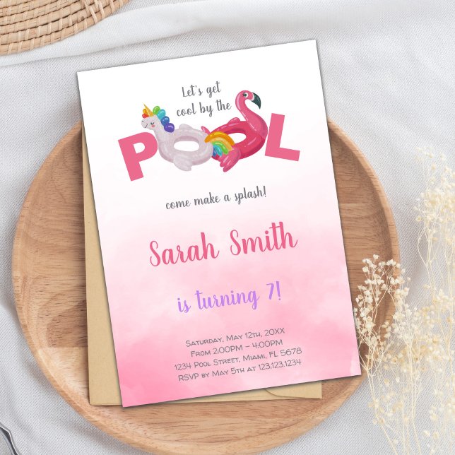 Editable Magic Summer Simma Party Inbjudan (Pink Unicorn Flamingo Pool Birthday Invitations)