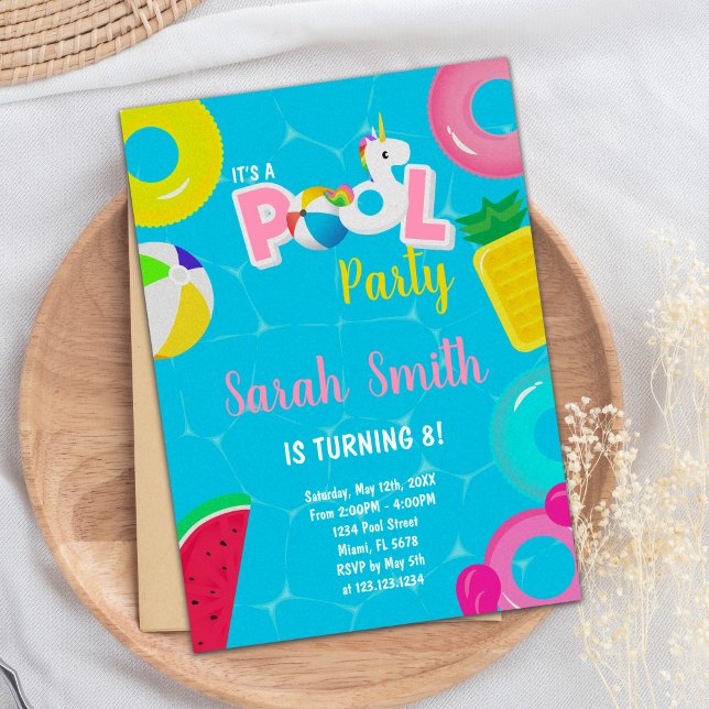 Editable Magic Summer Simma Party Inbjudan (Unicorn watermelon Pool Birthday Invitations)