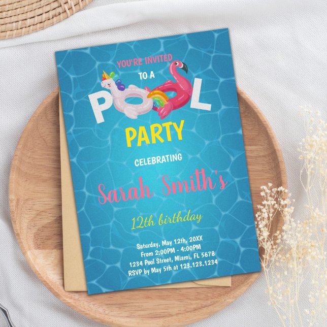 Editable Magic Tropical Simma Party Inbjudan (Unicorn Flamingo Pool Birthday Invitations)