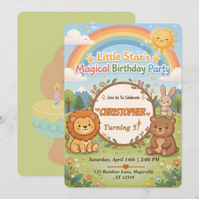 Editable Magical Forest Animals Birthday Invite Inbjudningar (Fram/baksida)