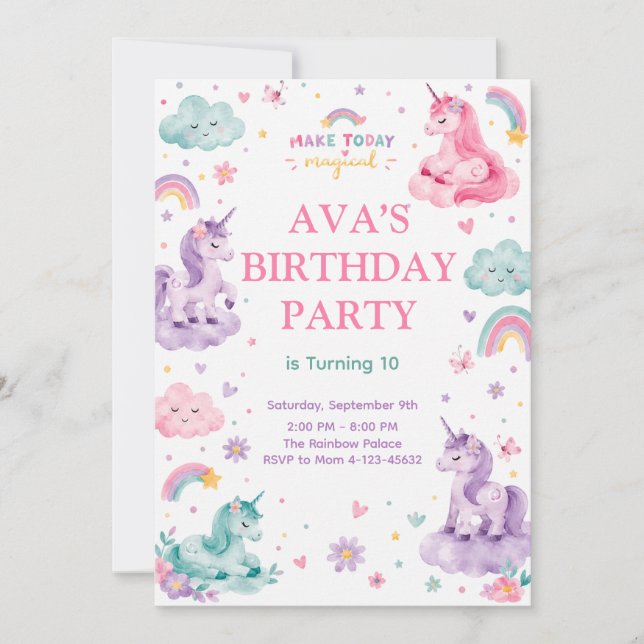 Editable Magical Unicorn Birthday Card Inbjudningar (Framsida)