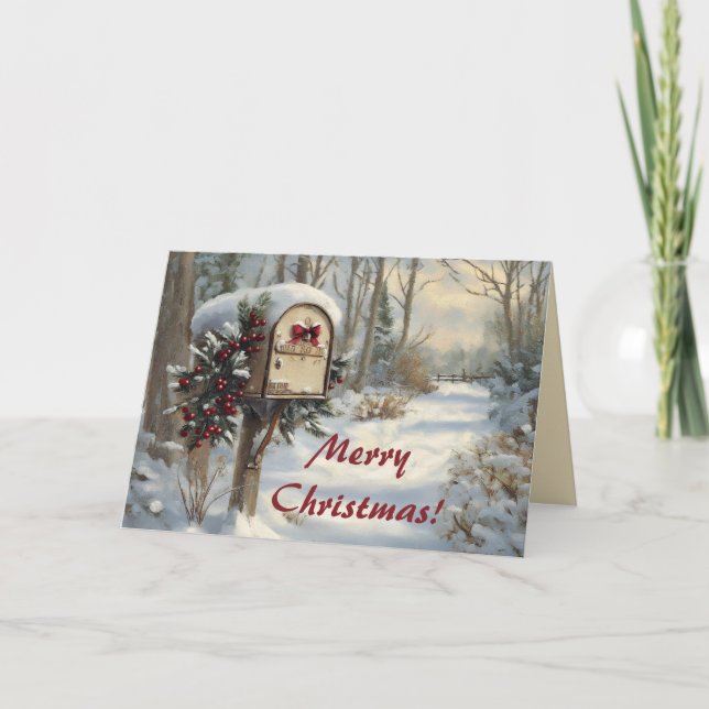 Editable Mailbox on a Winter Rural Road Christmas Kort (Framsida)