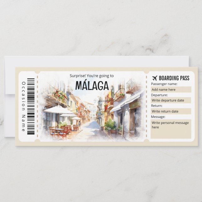 Editable Malaga Boarding Pass Flygplan biljett Inbjudningar (Framsida)