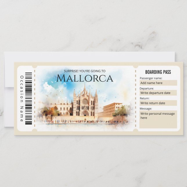 Editable Mallorca Flygplan Boarding Pass Biljett Inbjudningar (Framsida)