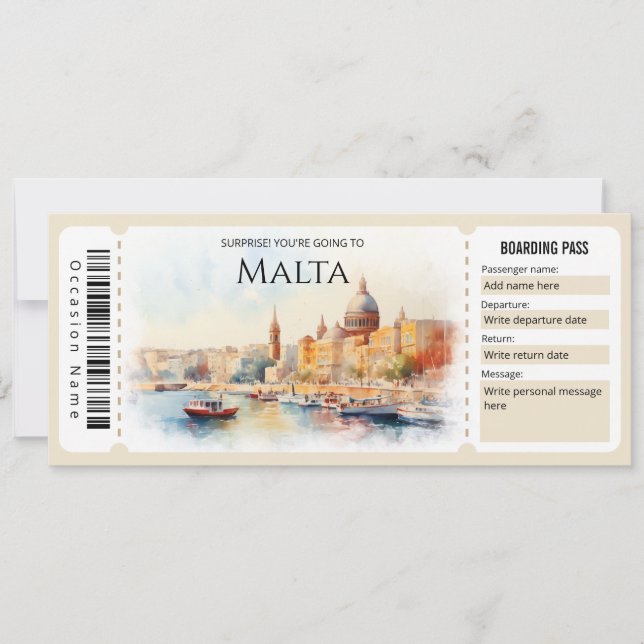 Editable Malta Flygplan Boarding Pass Biljett Inbjudningar (Framsida)