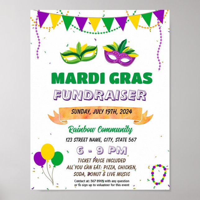 Editable Mardi Gras Fundraiser Flyer Poster (Framsidan)
