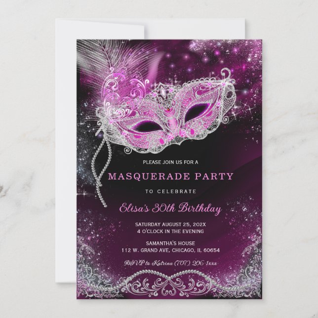 Editable Masquerad Black och Rosa Party Inbjudningar (Framsida)