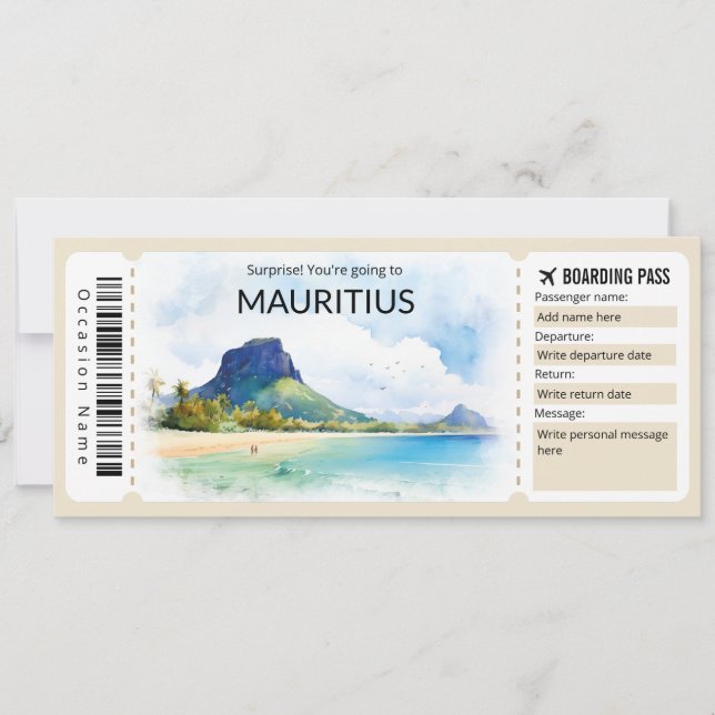Editable Mauritius Boarding Pass Flygplan biljett Inbjudningar (Framsida)