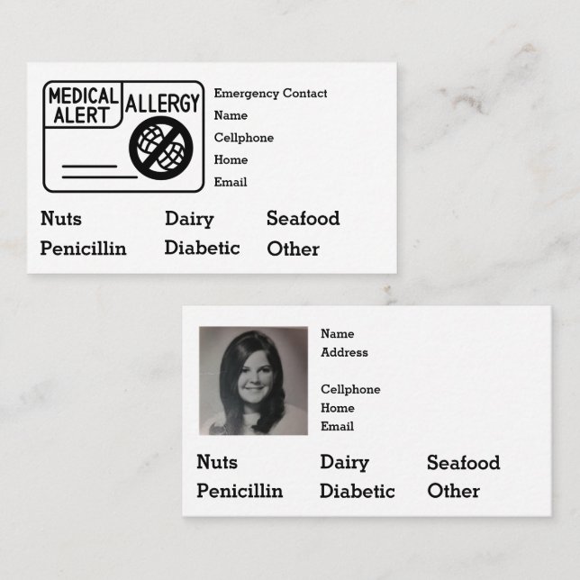 Editable Medical Alert Allergy Emergency Visitkort (Fram/baksida)