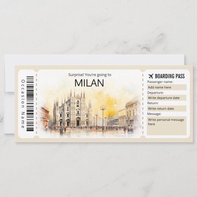 Editable Milan Boarding Pass Italia Flygplan bilje Inbjudningar (Framsida)