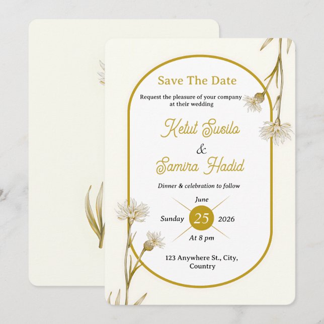 Editable Minimalist Gold Botanical Wedding Invite Inbjudningar (Fram/baksida)