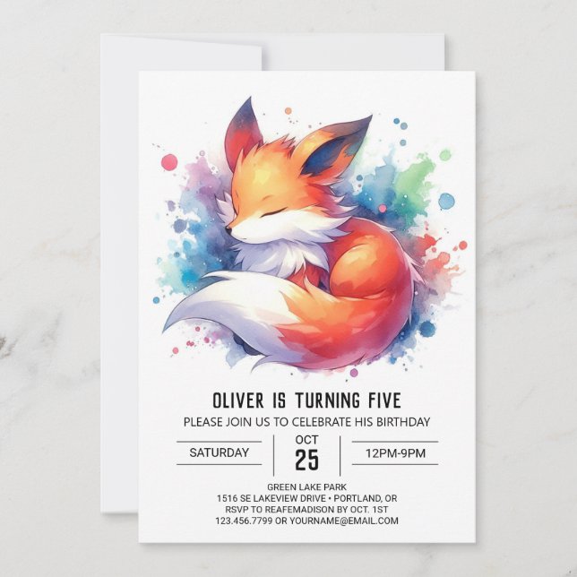 Editable Modern Fox Birthday Inbjudningar (Framsida)