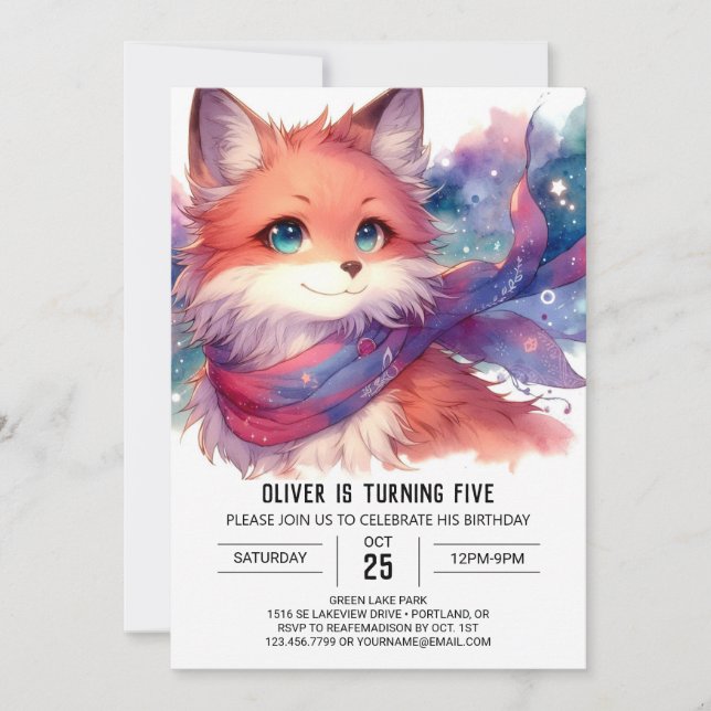 Editable Modern Fox Birthday Inbjudningar (Framsida)