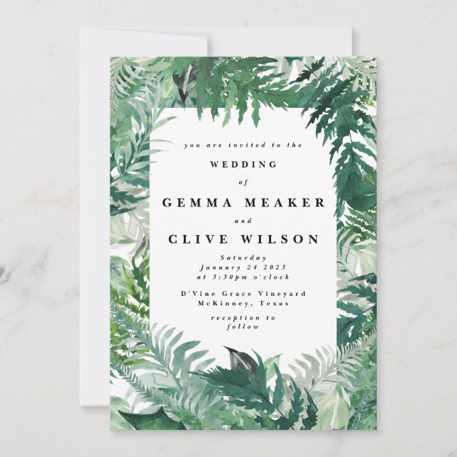 Editable Modern Leafy Greenery Watercolor Bröllop Inbjudningar (Framsida)