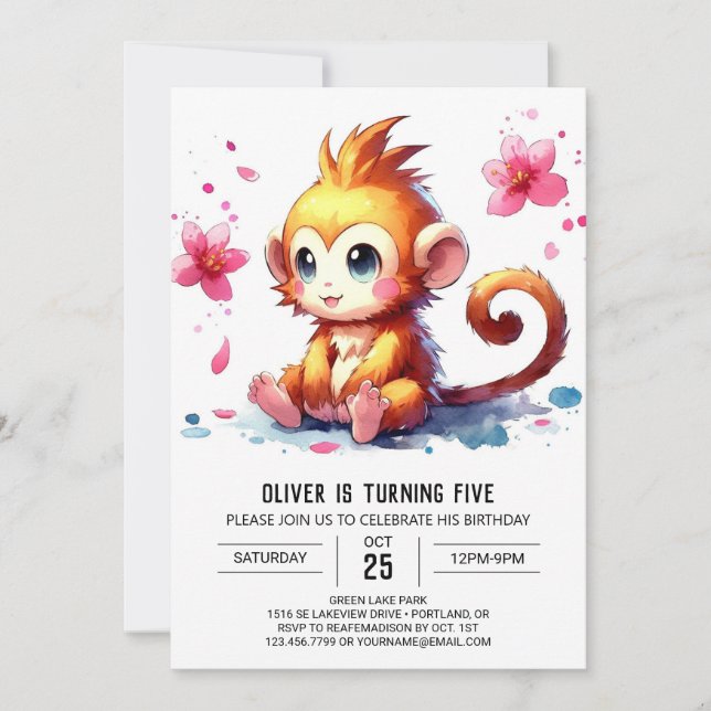 Editable Modern Monkey Birthday Inbjudningar (Framsida)