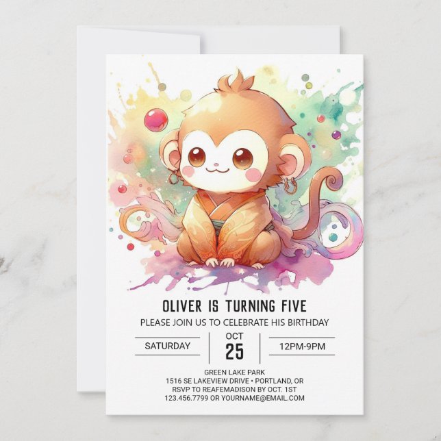 Editable Modern Monkey Birthday Inbjudningar (Framsida)