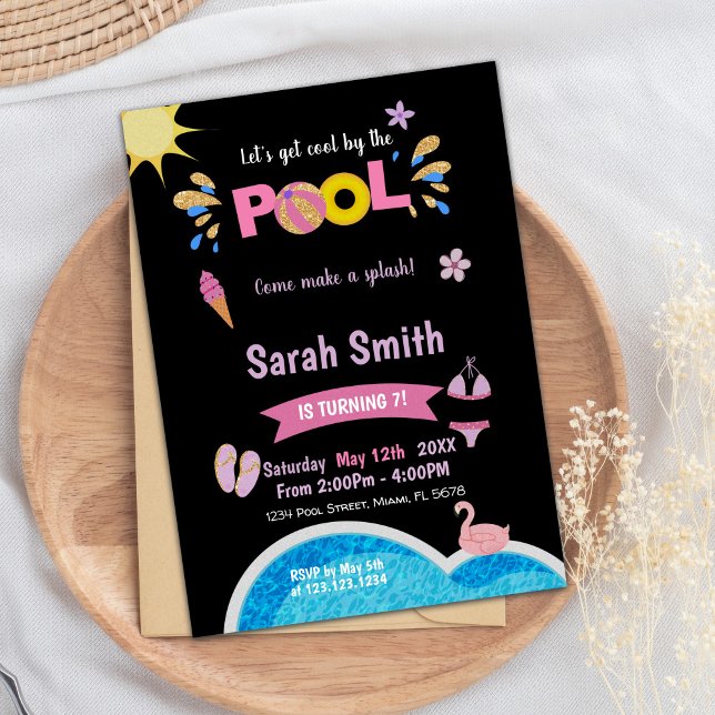 Editable Modern Summer Simma Party Inbjudan (Purple Black Pool Birthday Invitations)