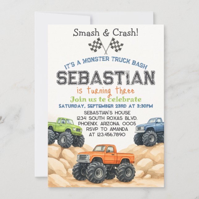 Editable Monster Lastbil Birthday-inbjudningsmall Inbjudningar (Framsida)