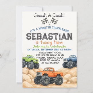 Editable Monster Lastbil Birthday-inbjudningsmall Inbjudningar
