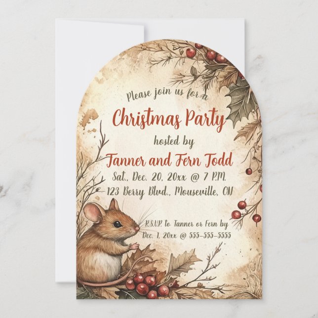 Editable Mouse och Berries jul Party Inbjudningar (Framsida)